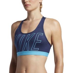 Nike criss-cross sports bra w/ name across front & two tones of blue. Size S
